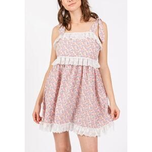 NWT La February Ditzy Floral Baby Doll Dress Small Lace Trim Pink Cottagecore